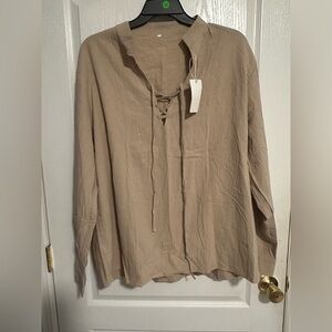 Chic Vinsekep Tan Lace-Up Women's Blouse